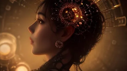 A detailed illustration of a human head in profile, with intricate gears and circuits inside, representing the brain's processes. Connected to the head are three distinct bubbles: one with a lightbulb (thought), one with a heart (emotion), and one with a person in action (behavior), all forming a continuous loop. The style is modern and clear.