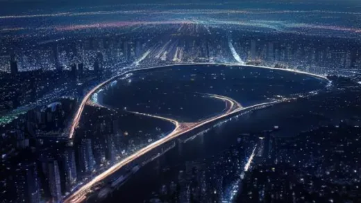 A detailed view of a bustling Tokyo cityscape at night, with a subtle, stylized fault line running beneath it and a secondary, equally modern city in the distance, representing a backup.