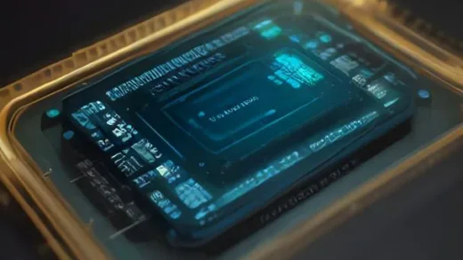 A detailed visual representation combining a complex semiconductor chip with transistors and wiring, alongside a conceptual diagram illustrating two different instruction set architectures (ISA), X86 and ARM, as distinct languages. The image should convey the fundamental physical nature of hardware and the crucial role of communication protocols between software and hardware.