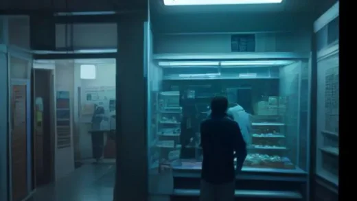 A dimly lit unattended convenience store interior at 3am, security camera split-screen view showing teenagers taking ice cream from open freezers without paying, bluish fluorescent lighting, empty storefront, cinematic documentary style, high detail