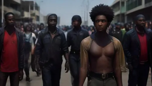 A diverse group of Black people in a South African urban setting, some looking wary and concerned, hinting at internal conflict and xenophobia. The atmosphere is tense but not overtly violent.
