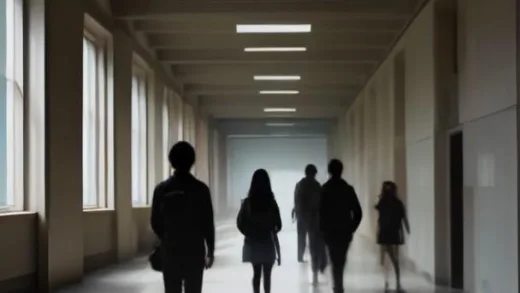 A diverse group of university students, some with open books, others looking thoughtfully at a holographic representation of AI, standing in a modern university hallway bathed in warm light. The atmosphere is curious and intelligent.
