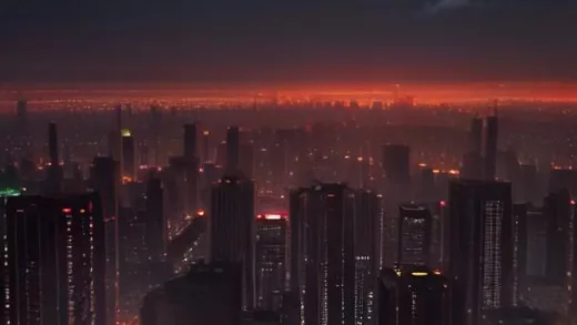 A dramatic 3D illustration of a massive Chinese semiconductor factory skyline at dawn, with a giant glowing red memory chip rising above the city, stock market financial charts in the background, cinematic lighting, professional tech journalism style