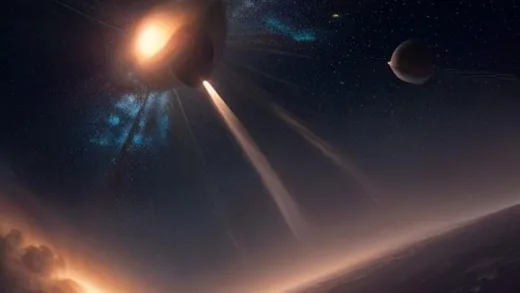A dramatic 3D illustration showing a rocket launching vertically upward from a flat solar system disk, with planets orbiting the sun on a single plane, a glowing arrow pointing straight up, deep space background with stars, cinematic lighting, highly detailed digital art