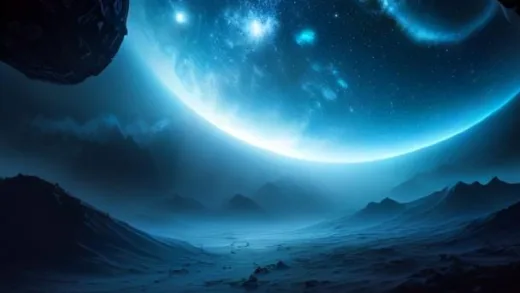 A dramatic deep space scene showing a robotic spacecraft with a camera pointed backward toward a tiny pale blue dot of Earth, distant sun rays scattering in the lens, vast starry black space, cinematic documentary aesthetic, highly detailed digital illustration