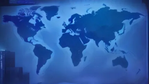 A dramatic digital illustration of a global semiconductor market map showing a small Chinese chip company logo rapidly growing into a giant, while Korean chip giants look worried, falling stock market graphs in the dark blue background, red and blue futuristic tech color scheme, cinematic lighting