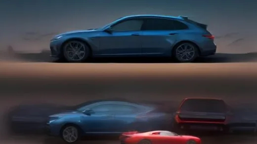 A dramatic editorial infographic showing a small pile of cars labeled 2019 growing into a massive mountain of electric sedans and SUVs labeled 2025, with a bold upward arrow showing 7x export growth, global map in the background, deep blue and red color palette, clean modern flat design, professional news illustration