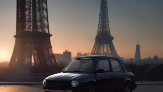 A dramatic photo illustration of a classic French vintage car silhouette in front of the Eiffel Tower at golden hour, with a modern Korean city skyline and a small gray Peugeot car fading in the background, cinematic lighting, professional automotive editorial photography