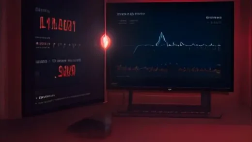 A dramatic split-screen digital illustration of a Korean stock market chart skyrocketing upward with a glowing red leveraged ETF badge and falling gold coins, symbolizing the high-risk investment frenzy, dark navy blue and crimson red color palette, modern financial infographic style, high contrast lighting