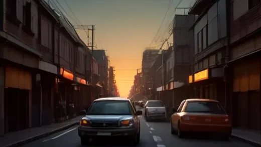 A dramatic split-screen illustration of a small Suzuki kei car racing ahead of Honda and Toyota sedans on a Japanese city street at sunset, with a glowing map of India rising in the sky, cinematic lighting, vibrant colors, professional automotive editorial style