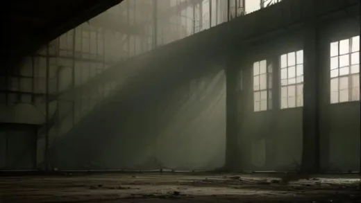 A dramatic wide-angle photograph of an abandoned German industrial factory floor, rusted machinery and empty assembly lines, moody cinematic lighting, with a subtle newspaper silhouette suggesting economic decline, photorealistic