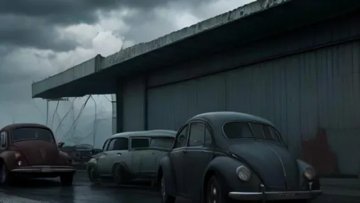 A dramatic wide shot of a large, modern car manufacturing plant with a symbolic crack running through its foundation, representing the crisis. In the foreground, a classic Volkswagen Beetle is parked next to a modern electric car, highlighting the transition and challenges. The overall mood is serious and contemplative, with a hint of uncertainty.