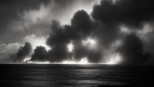 A dramatic WWII Pacific war scene depicting the aftermath of the Battle of Saipan in July 1944, American naval ships and aircraft carriers visible offshore, smoke rising from the island, cinematic lighting, historical documentary style