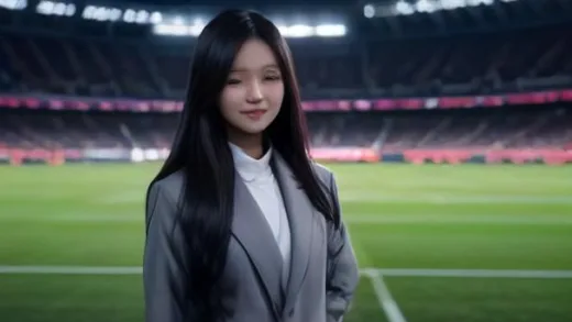 A dynamic, confident portrait of Michelle Kang in a modern football stadium, looking towards the pitch with a slight smile, stadium lights in the background.