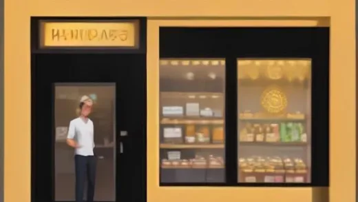 A friendly Korean financial blog illustration showing a cheerful small business owner standing in front of a modern storefront with a large golden 70 million won coin and a calendar page marked August 10, bright optimistic flat vector style, mobile-friendly composition with soft shadows