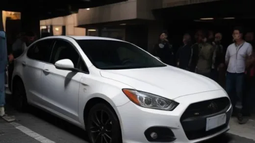 A frustrated crowd of people standing near a blocked underground parking lot entrance with a single white car preventing access, in an apartment complex setting. The atmosphere is tense and helpless.
