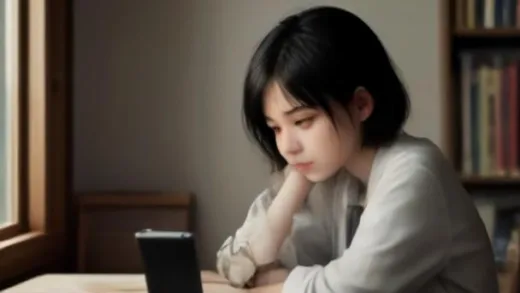 A frustrated person staring at a smartphone with short-form videos playing, surrounded by undone tasks and study books, feeling guilty.