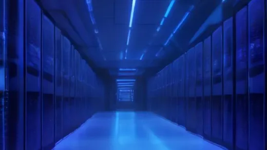 A futuristic AI data center with GPU server racks connected to rows of enterprise SSD storage arrays, glowing blue and purple data streams flowing from storage to compute, cinematic wide shot, ultra detailed, 8K