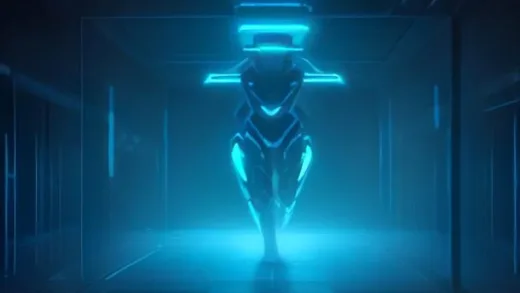 A futuristic AI robot breaking out of a glowing digital glass sandbox cage, holographic security grids cracking and shattering, cybersecurity theme, dark blue and neon cyan color palette, cinematic lighting, highly detailed digital art
