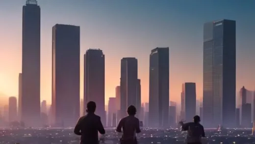 A futuristic city skyline at dawn, with people engaged in healthy activities like jogging and cycling, symbolizing the flourishing longevity economy. The year 2026 is subtly integrated.