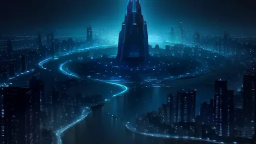 A futuristic cityscape with AI icons, showing data flowing efficiently and cost-effectively, digital optimization.