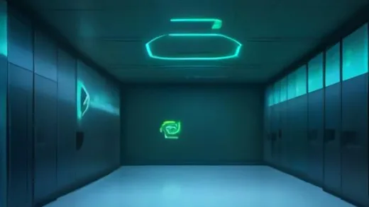 A futuristic data center, glowing blue and green, with subtle branding of Google and Apple logos integrated into the design. NVIDIA's logo is present but slightly less prominent. High-tech, clean lines, digital.