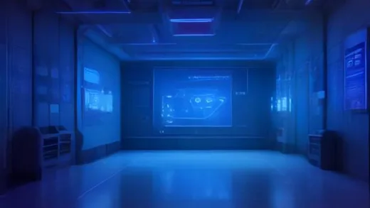 A futuristic Korean semiconductor factory at night with holographic data streams leaking out through a cracked wall, cybersecurity warning symbols floating, dramatic blue and red lighting, cinematic wide shot