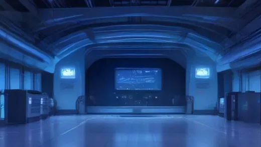 A futuristic manufacturing plant in South Korea, with glowing digital interfaces and advanced robots, symbolizing innovation and hope against a backdrop of global competition.