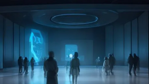 A futuristic semiconductor fabrication facility with glowing HBM memory stacks, workers in clean suits observing a digital hologram of memory chip architecture floating above, dramatic cinematic lighting, wide shot, ultra high detail