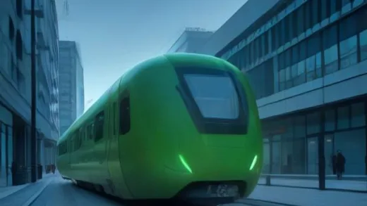 A futuristic, sleek, driverless subway train in Copenhagen, Denmark, passing through a modern urban landscape with green spaces and contemporary architecture. The scene should convey innovation and sustainability, with a hint of morning light.