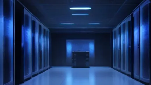 A futuristic, sleek server room with glowing lights, advanced cooling systems visible, representing a powerful AI data center, professional, high-tech, 2026 year context.