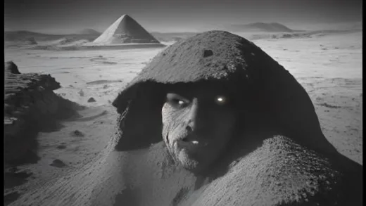 A grainy 1976 black-and-white Viking 1 orbiter photograph of the Cydonia region on Mars, showing a large mesa that resembles a human face with clearly visible eyes, nose and mouth, surrounded by pyramid-like structures, retro NASA archive aesthetic, high contrast shadows, documentary style