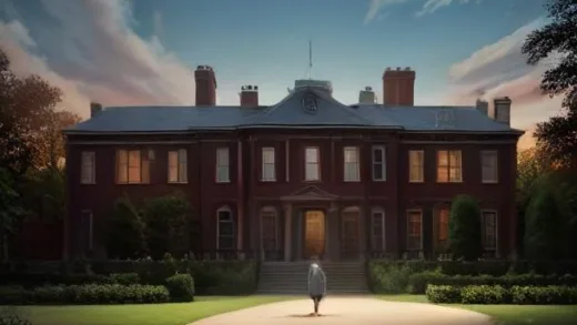 A grand 19th century Boston mansion on Beacon Hill with gas lamps and elegant brick row houses, wealthy Protestant families in formal Victorian attire walking outside, warm golden hour light, cinematic historical atmosphere, highly detailed digital painting