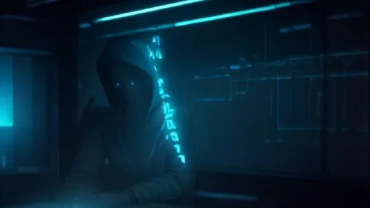 A hacker figure in a dark room typing on multiple glowing screens, with abstract AI data flowing around, illustrating prompt injection.