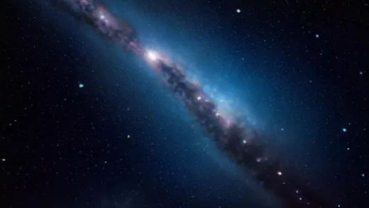 A highly detailed cosmic scene showing a long, straight, glowing trail stretching across deep space, reminiscent of a meteor's tail but on a galactic scale (200,000 light-years long). The trail is slightly bluish-white, composed of numerous young stars. In the background, distant galaxies and nebulae are visible. The overall mood is mysterious and awe-inspiring, as if observing a cosmic anomaly.