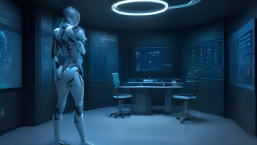 A highly detailed, futuristic laboratory where a human-like robot is learning complex movements in a vast, photorealistic virtual reality simulation, with complex data streams visible around it.
