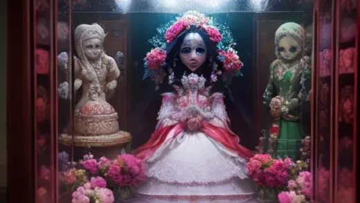 A highly detailed image of a vibrant Mexican street scene in Tepito, Mexico City, with a large, ornate Santa Muerte statue in a bulletproof glass case at its center. The statue is adorned with a colorful wedding dress, holding a scythe and a globe. Thousands of diverse people are gathered around, praying and leaving offerings like flowers, candles, and tequila. The atmosphere is solemn yet festive, with traditional Mexican architecture in the background.