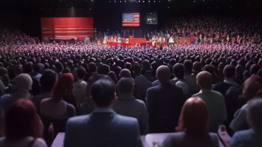 A highly detailed image showing a political debate or primary election scene in Michigan, with diverse crowds representing different factions of the Democratic party, some cheering, others looking concerned. The overall atmosphere is tense but vibrant. A ballot box is visible, implying an election.