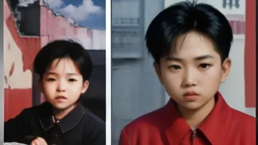 A historical collage showing the fall of the Berlin Wall, a starving child from the 1990s, and a young Kim Jong-un, symbolizing past predictions of North Korea's collapse, with a resilient North Korean flag in the background.