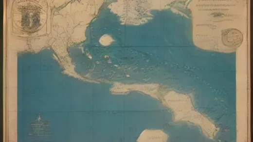 A historical map highlighting the Falkland Islands (Malvinas) located off the coast of Argentina, with a focus on its strategic position between the Atlantic and Pacific oceans. Show icons representing oil rigs, fishing boats, and old sailing ships for trade routes. The map should also show the vast distance to the UK.