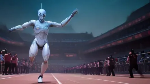 A humanoid robot sprinting on a track with futuristic digital overlays, showcasing incredible speed and agility, surrounded by a crowd watching in awe, in Beijing, 2026.