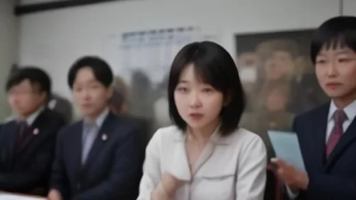 A Korean government official making an important announcement to a group of attentive small business owners, all looking hopeful, with a 2026 calendar subtly in the background.