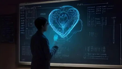 A Korean scientist professor in a modern research institute standing before a large chalkboard covered with complex mathematical formulas, with a glowing hologram of a human heart and brain above, cinematic warm lighting, ultra detailed, 4k scientific illustration