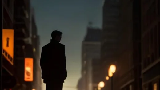 A lone, determined man, fitting the description of Reacher, stands on a street in Philadelphia at dusk, looking intently at a mysterious woman from a distance. The atmosphere is tense and mysterious.