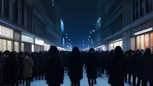 A long queue of people in front of a luxurious department store early in the morning in Gangnam, Seoul, dressed in thick winter coats, holding hot packs. Some are sitting in tents, eagerly waiting for the store to open. The sky is dark blue, indicating pre-dawn, with soft city lights.