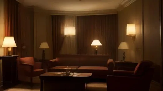 A luxurious hotel suite at night with two duffel bags overflowing with stacks of hundred-dollar bills on the floor beside a modern sofa, dramatic warm and cool contrasting lighting, cinematic film still, widescreen composition, high detail