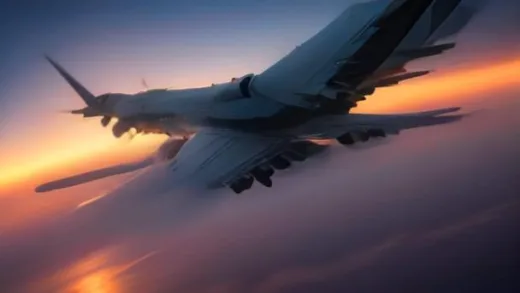 A majestic new Boeing 747 Air Force One with distinctive blue and white livery flying over a dramatic sunset sky above the Atlantic Ocean, photorealistic, cinematic wide angle shot