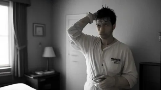 A man (David) looking bewildered in a sterile hotel room, with a tranquilizer gun hanging on the wall above his bed. The room number "10" is clearly visible on the door. The atmosphere is stark and a bit unsettling.