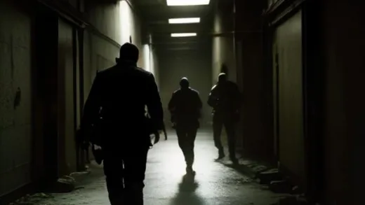 A man (Reacher) narrowly escaping a tight corridor, looking back at a chaotic scene with mercenaries fighting bodyguards, in a dark, mysterious setting. Dynamic action shot.