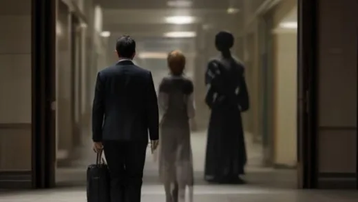 A man standing in a shifting and unbalanced labor market, with female figures thriving in the background, a subtle sense of uncertainty, professional, detailed, 2026.